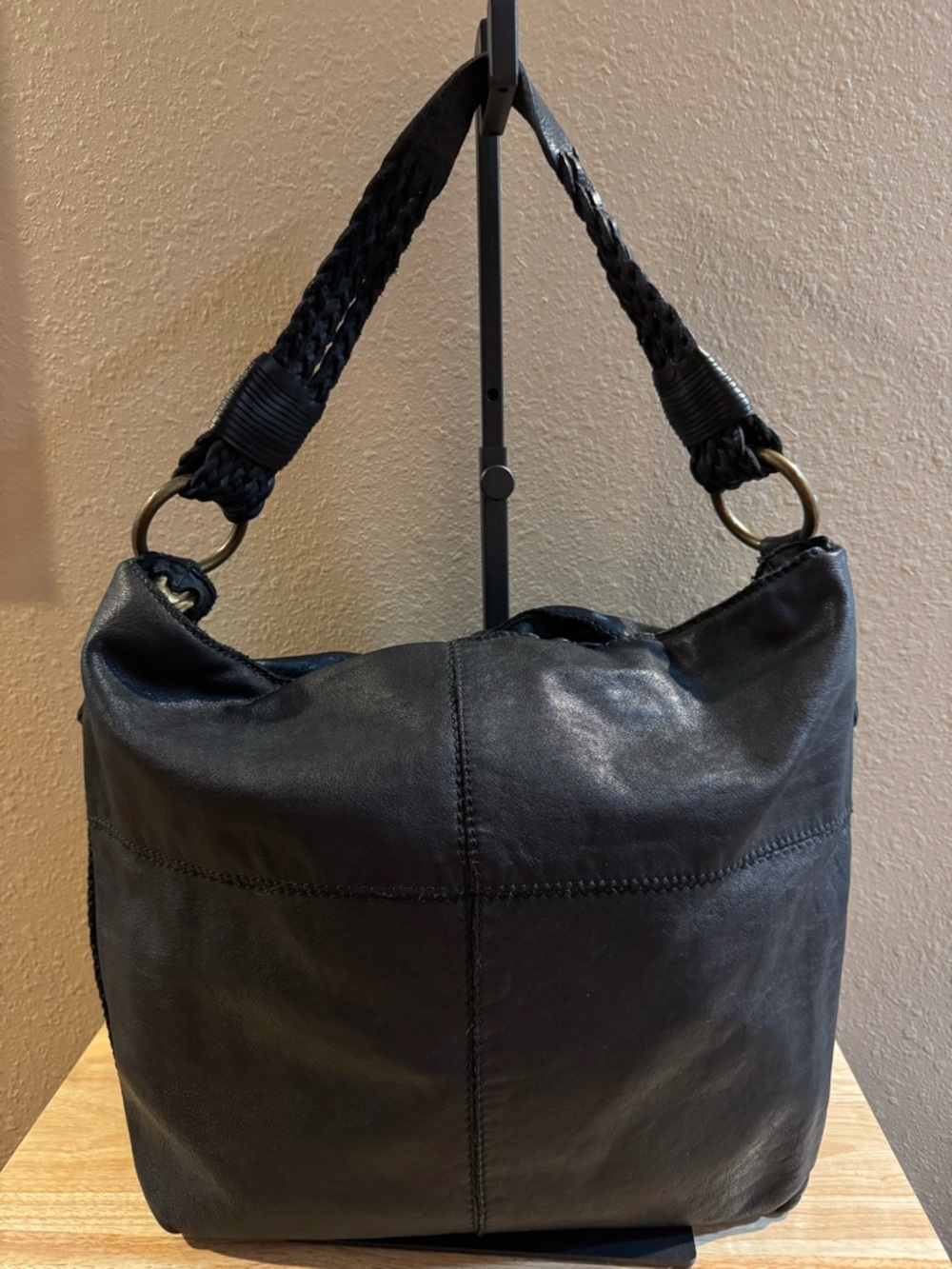 Lucky Brand Black Braided-Handle Leather Shoulder Bag